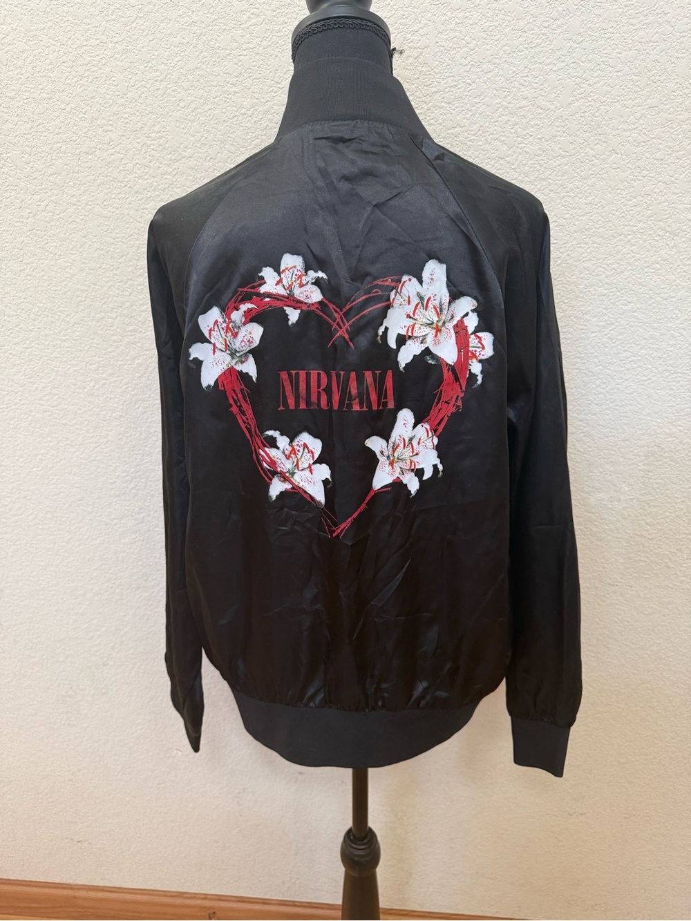 NIRVANA Black Jacket with Red Heart and White Lily Back Graphic